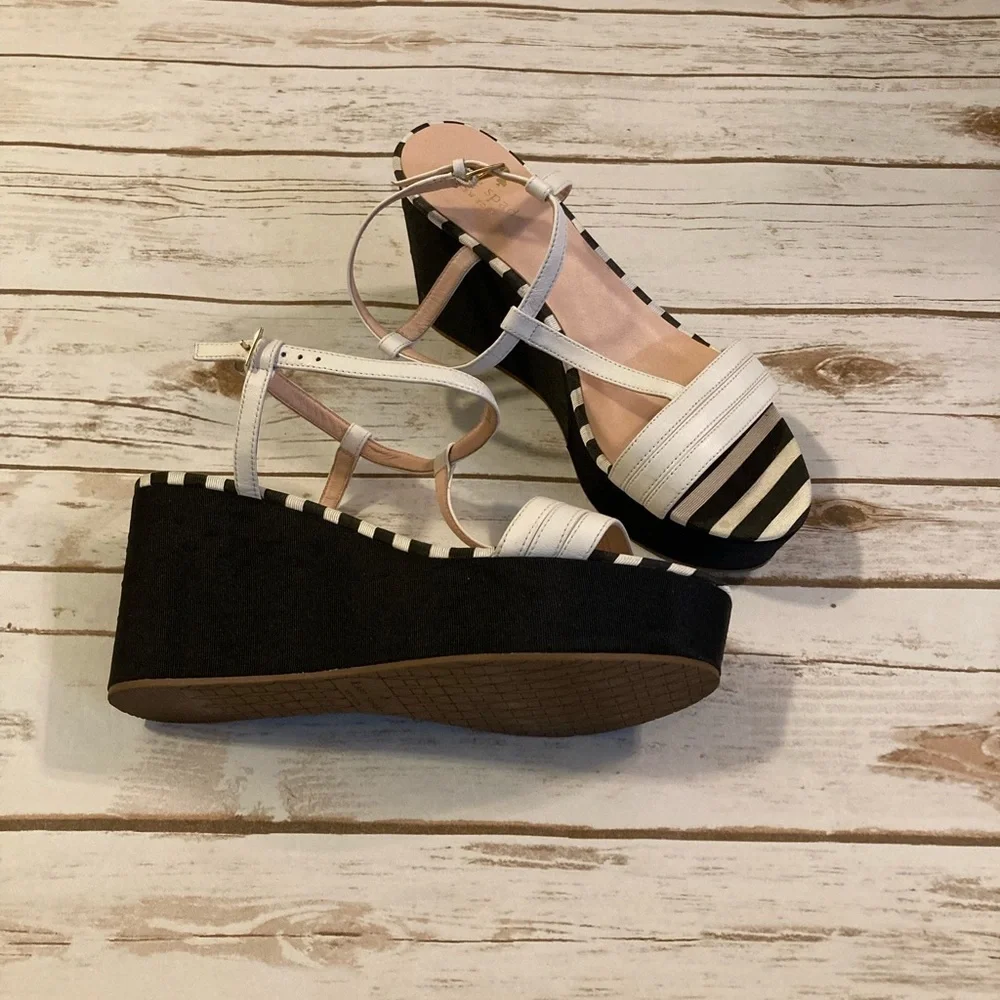 Kate Spade Black and White Stripes Wedge Heel Sandals Size 9.0